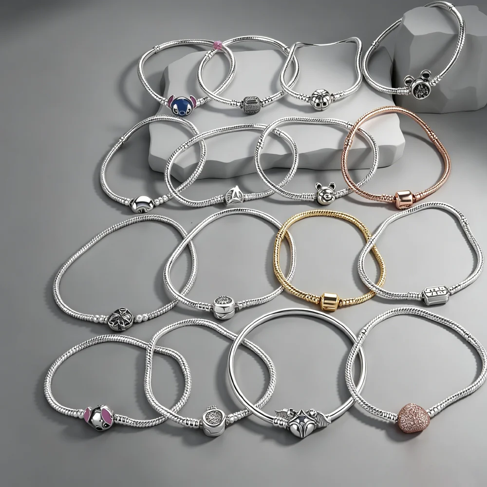 

NEW 925 Sterling Silver Snake Chain Bracelets Fit Original Charms Disney Stitch Heart Clasp Bangle Jewelry Gift for Women Girls