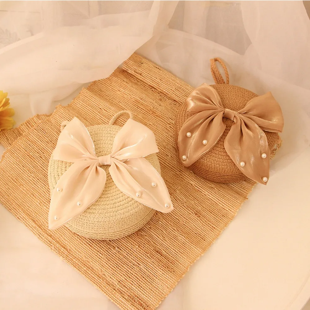 3 Colors Toddler Girl Straw Crossbody Bag Cute Pearl Bowknot Round Shoulder Bag Mini Coin Purse for Kids