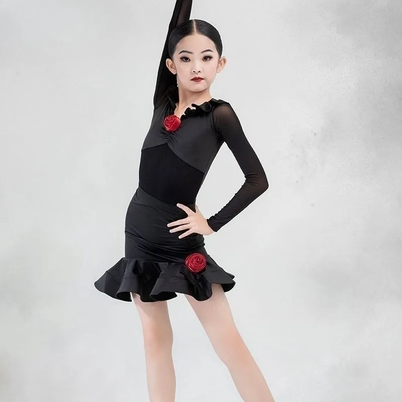 Traje de baile profesional para niños con baile otoño nueva práctica de baile latino traje de práctica de manga larga para niñas