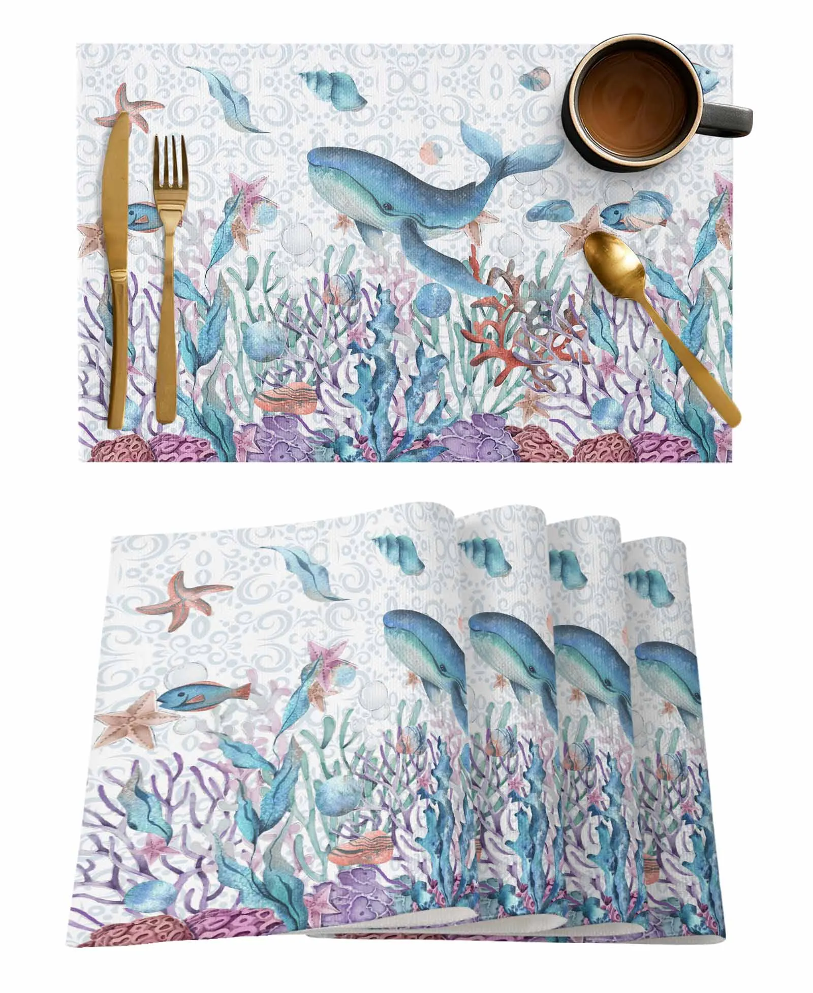 Summer Watercolor Ocean Shells Whales Starfish Coffee Dish Mat Kitchen Placemat Dining Table Rug Dinnerware 4/6pcs Pads