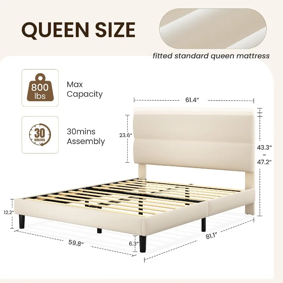 Size Platform Bed Frame with Velvet Headboard, Adjustable Height Wooden Slats Support, Upholstered Mattress Foundation, Fits Ma