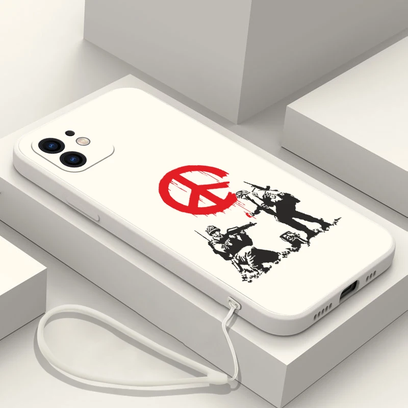 Graffiti Artist Banksy Phone Case For iPhone 16 15 14 13 12 11 Pro Max Mini X XR XSMAX Plus Soft Silicone Cover With Hand Strap