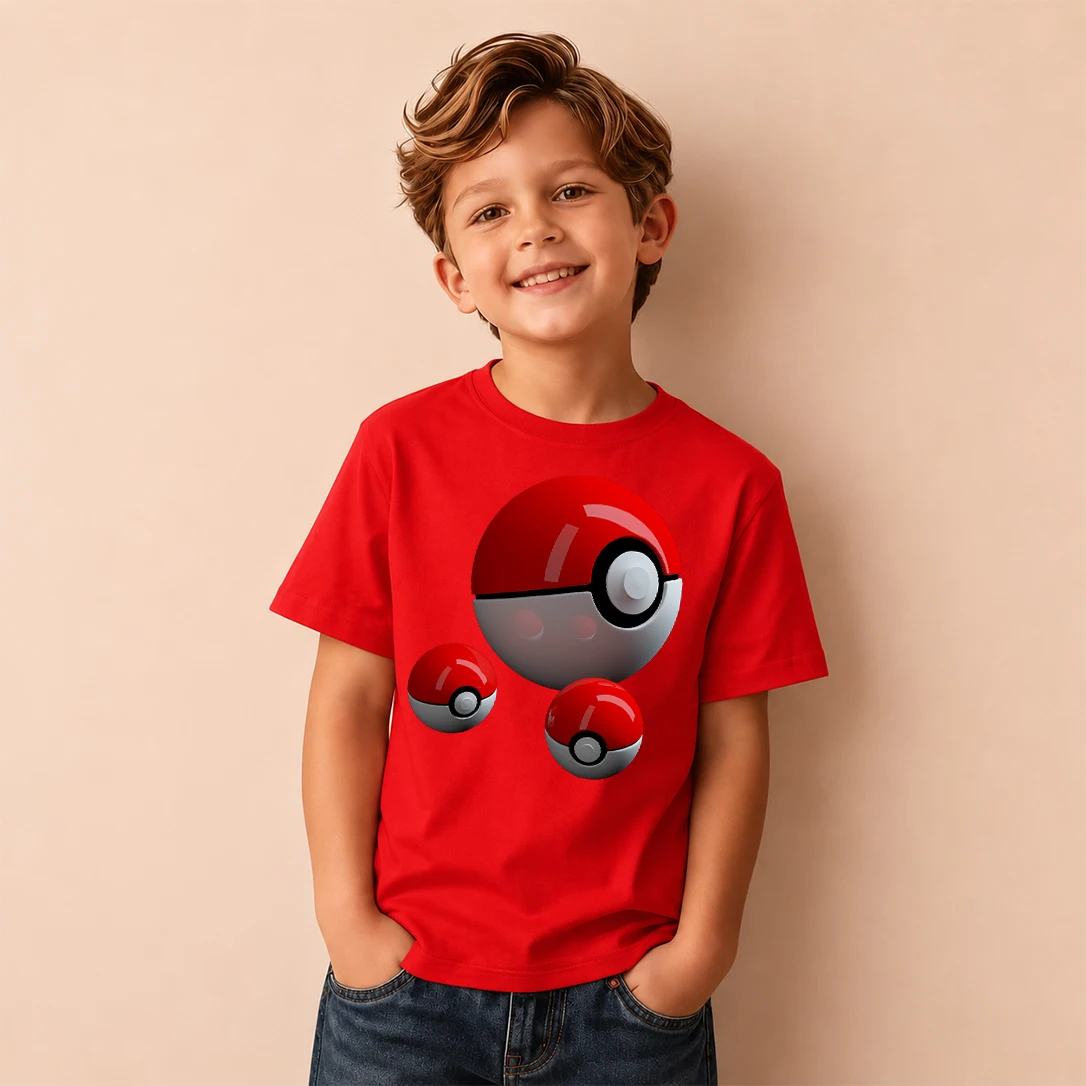 Kids Pokemon Pokeball Print Short Sleeve T-Shirt Boys Cartoon Graphic Casual Tee Children Birthday Present