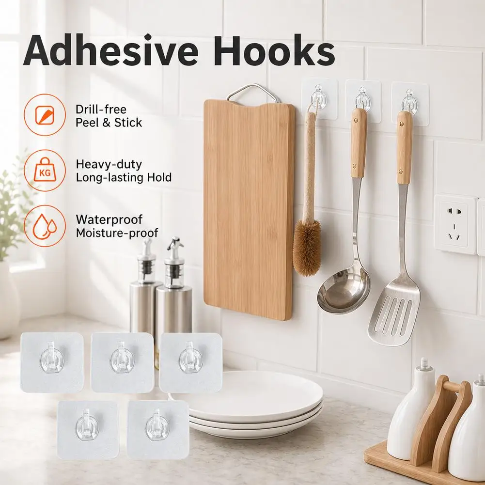 Heavy Duty Adhesive Wall Hooks Transparent Punch Free Seamless Sticky Hanger Waterproof Towel Hook for Kitchen Bathroom