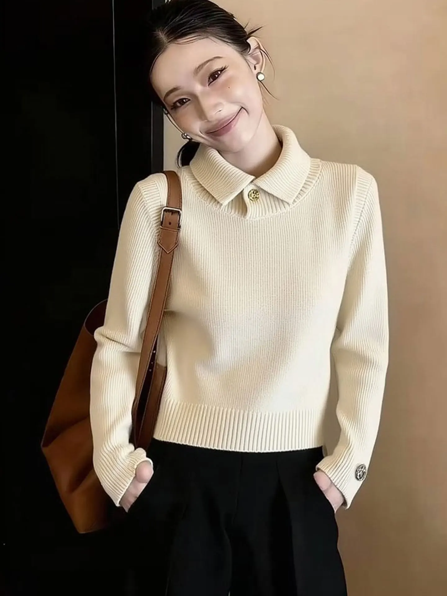 

Ele Pure Color Knitted Long Sve irt Casual Spring 2026 Women's Faion Commute Sle Regular Fit Warmth Sweater