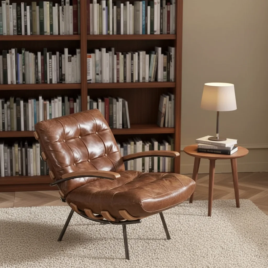 

Modern retro design single recliner with button trim, metal legs, armchair for living room
