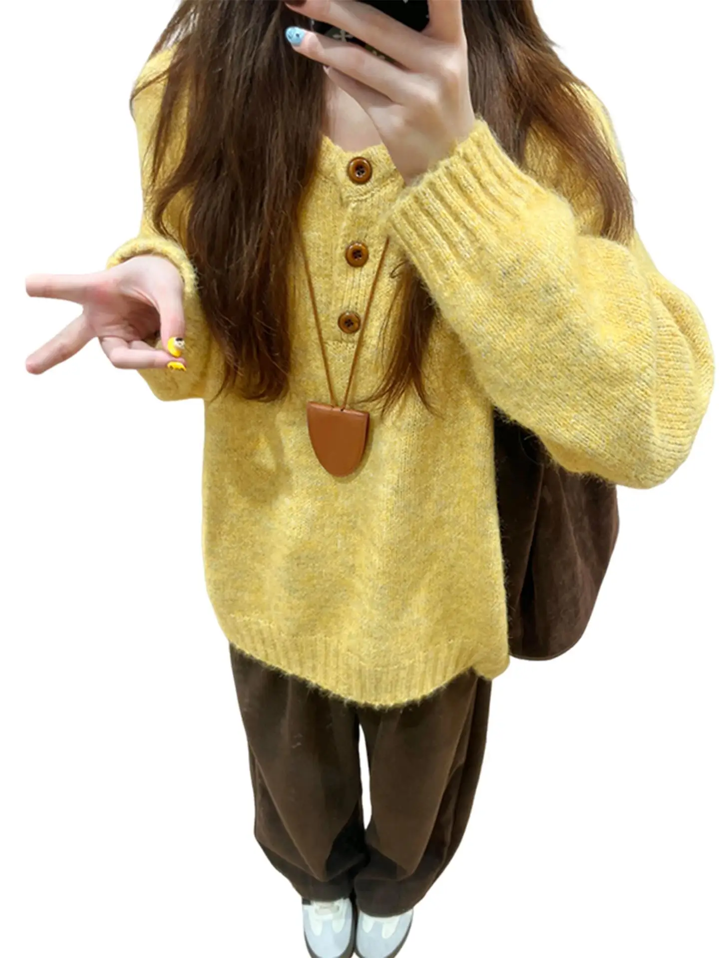 Ladies Thiened Knitted Sweater Loose Fit Overhead Sle Soft Autumn Winter Faion Sweet Sle Pure Color Long Sve round...