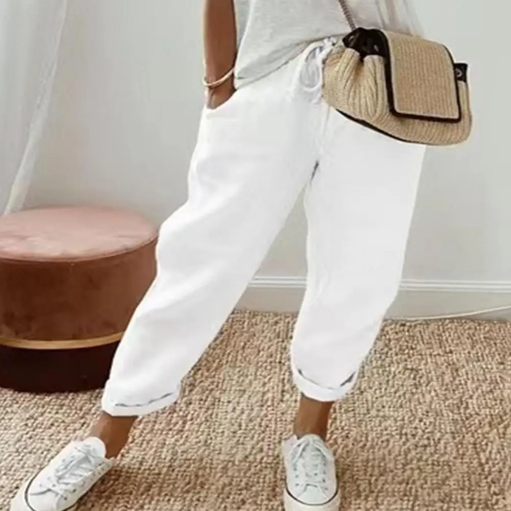 

Lady Summer Pants Pockets High Waist Casual Cotton Linen Daily Breathable Drawstring Lady Trousers Female Clothes Ethnic Retro