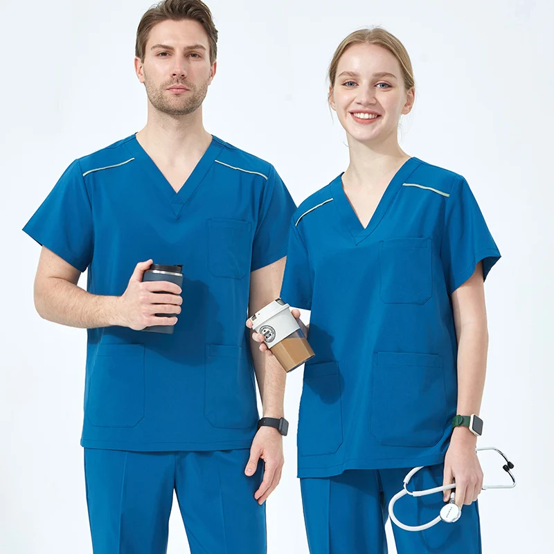 

Solid Color Nursing Scrubs Women's Hospital Uniforms Elasticity Pet Clinic Nurse Set Round Neck Medical Working Clothes S05