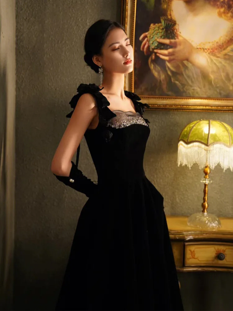

High Quality Textured Banquet Evening Dress Black Suspender French Dress