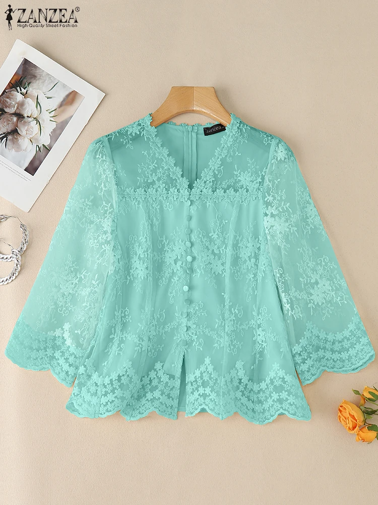 ZANZEA Ingericht Taille Damesblouses Elegant Kant Patchwork Geborduurd Tule OL Sheer Blusas Mujer 3/4 Mouw Mode Tuniek Tops