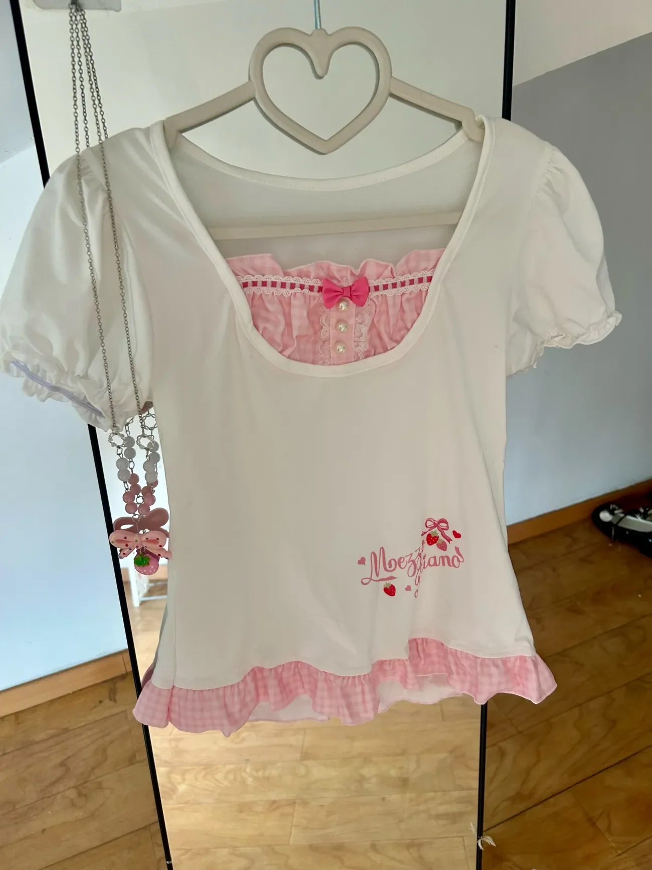 Japanese Kawaii Fake Two Piece Pink Gingham Puff Sleeve Lace Ruffle Bow Strawberry Letter Print T Shirt Women Girls Daily Wear