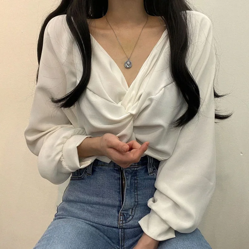 Fashion Korean Chic Spring Autumn V-neck Twisted Solid Color Versatile Lady Top Casual Long Sleeve Loose Women's Clothing 31117