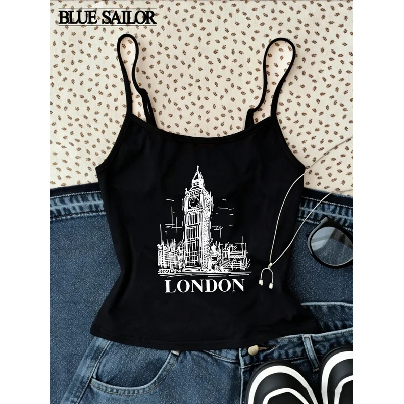 White London Landmark Print Lightweight Breathable Suspender Vest 1pc, Can Be Worn Inside, Y2K Style, Favorite Pattern