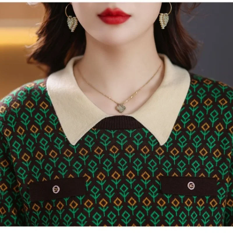 2023 Autumn and Winter Women\'s Pullover Patchwork Printing Rivet Sweater Loose Casual Fashion Elegant Commuter Long Sleeve Tops