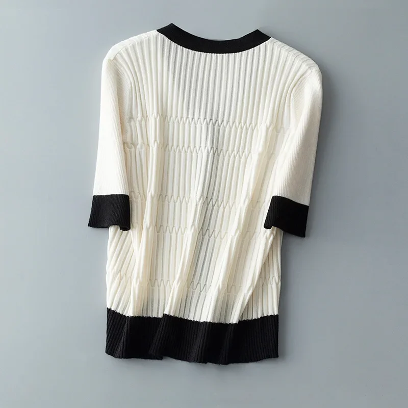 2023 New Women's cashmere cardigan V-neck short sleeved white black patchwork Korean summer boutique exquisite cardigan