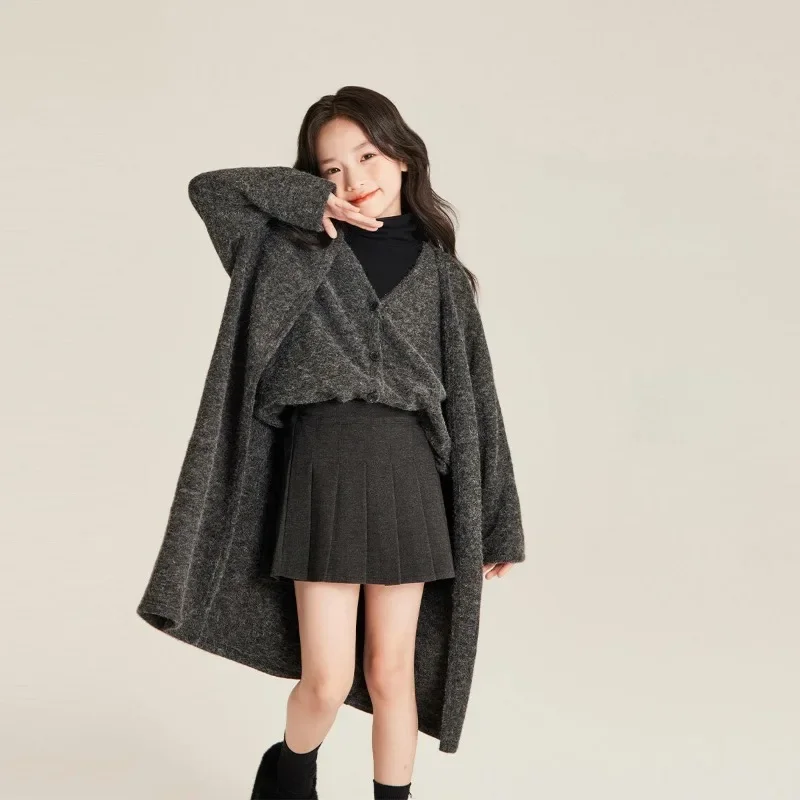Girl's Oversized Knit Cardigan Vest Mid Length Sweater 2025 Autumn Winter New Tween Girls Versatile Loungewear