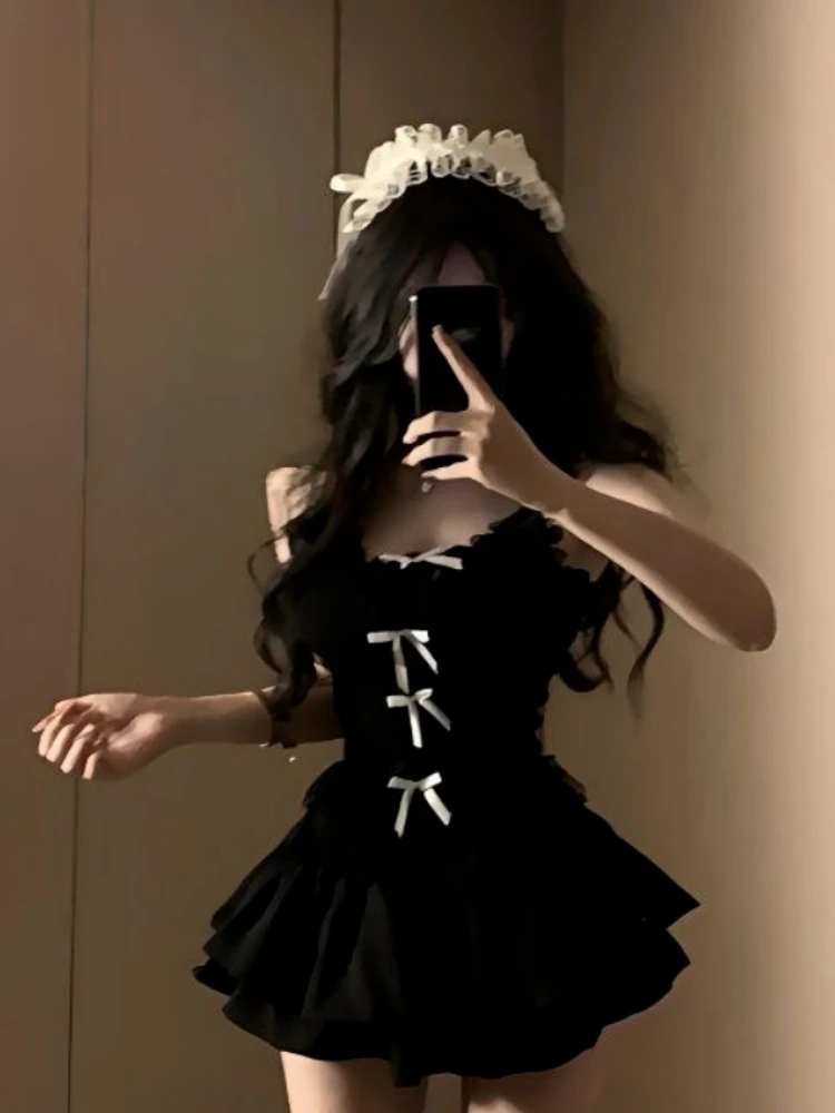 Gothic Lolita Kawaii 2 Piece Skirt Sets Y2k Bow Lace Slim Sleeveless Tops + Sweet Cake Mini Skirts 2000s Harajuku Vintage Suits