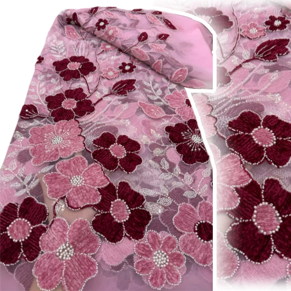 

African Lace Fabric 2025 High Quality 5yard Nigerian Elegant 3D Embroidered Floral Lace Fabric with Beads for Party Dress TP1743