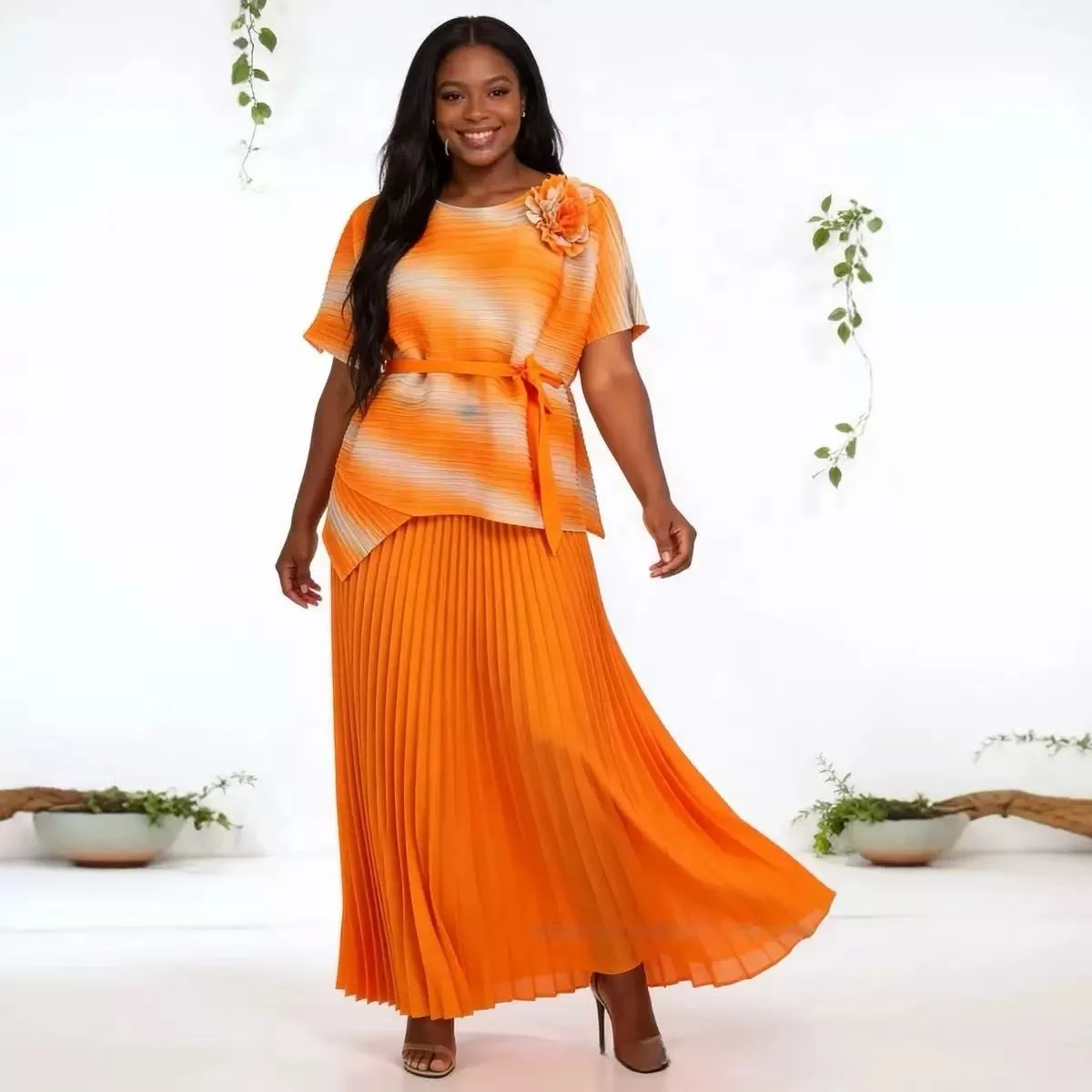 

Miyake Style 2025 Spring/summer Gradient Print Loose Top Pleated Skirt Fashion Casual Loose Suit Women