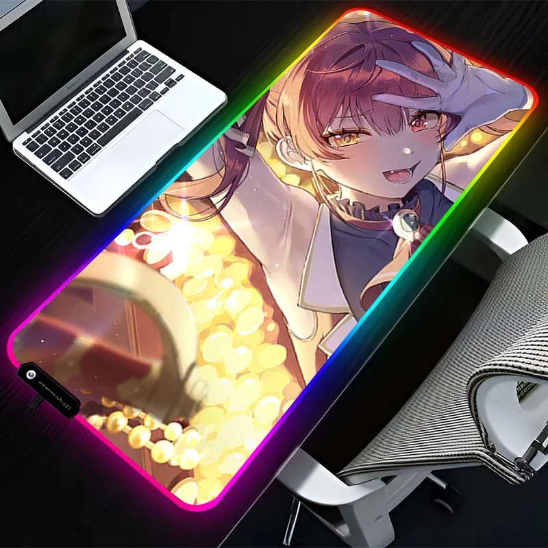 H-hololive Houshou Marine RGB LED Mouse Pad Rubber Mousepad Computer Desk Accessories Mouse Mat Keyboard Pad Non Slip Desk Mat