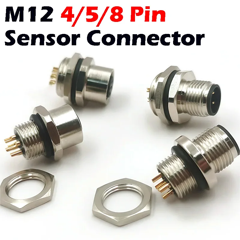 1pcs M12 4pin 5 8Pin Sensor Connector Panel Back Mount Waterproof Flange Socket Threaded Coupling Male&Female A Code Connectors