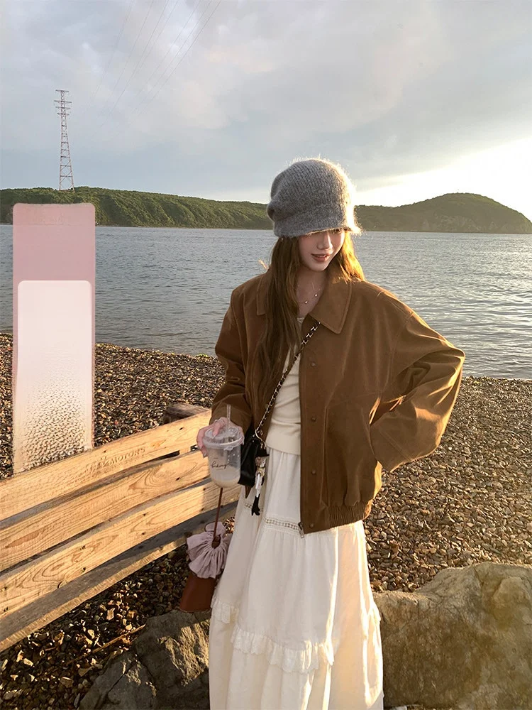 

Винтажная короткая куртка Miaolab из замши с отложным воротником, свободного кроя, для молодых женщин 20-х лет