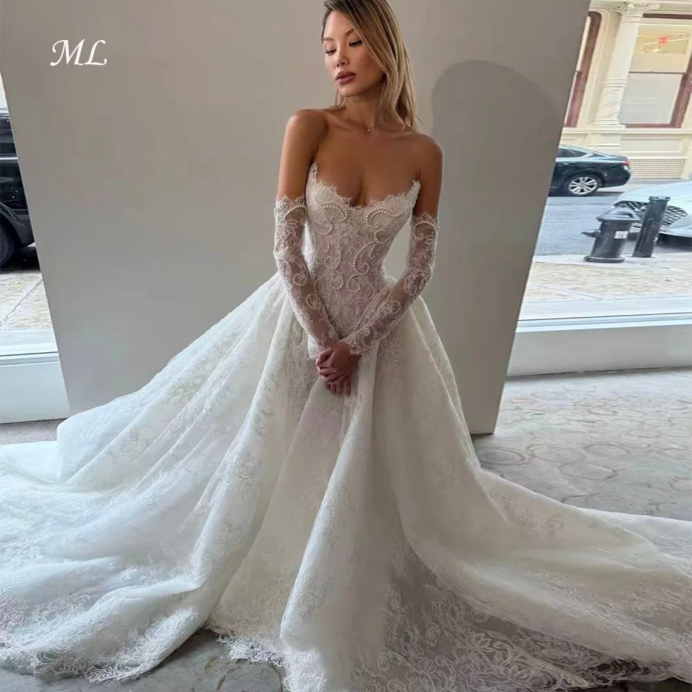 ML Modern Pearls Wedding Dress Ivory Lace Remove Sleeves Sweep Train A-Line Bridal Gown Princess Customized Robe De Mariée 2026