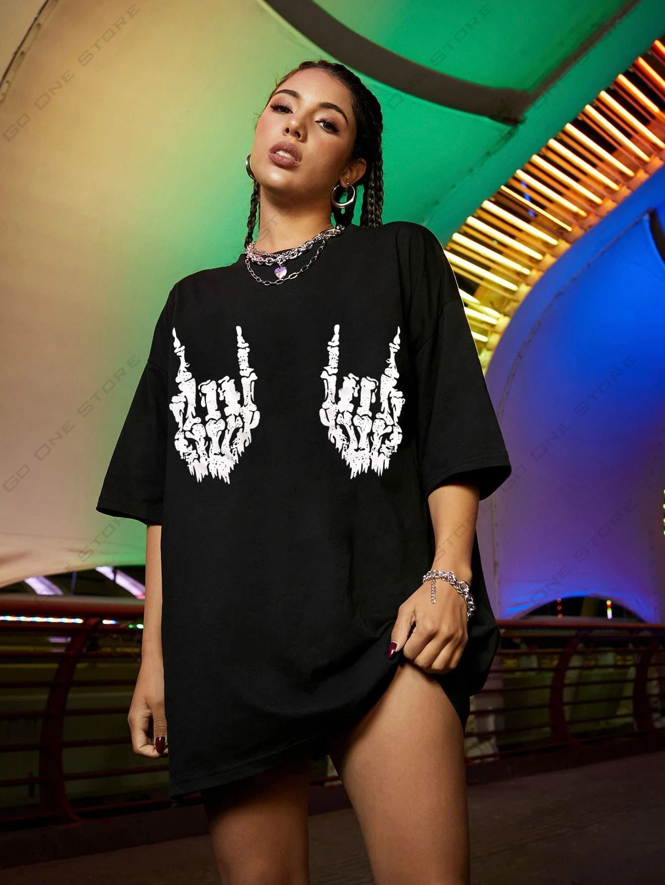 Summer Ladies Cotton Skeleton Hand Printed Casual T-Shirt Top Street Hip Hop Sports T-Shirt Nightclub Fashion Ladies T-Shirt Top