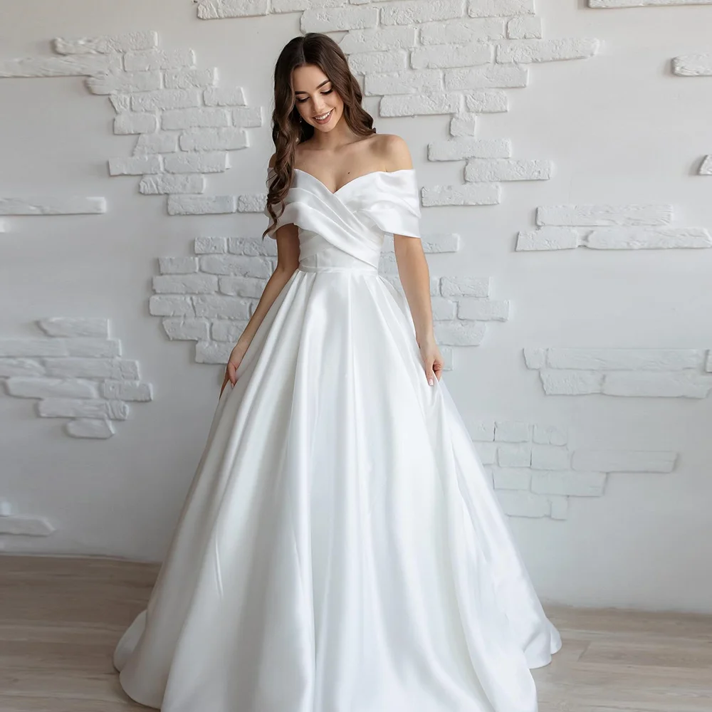 

Classic Off-Shoulder Criss-Cross Satin Wedding Dress A-line Slim Backless Bridesmaid Wedding Gown with Court Custom Vestidos De