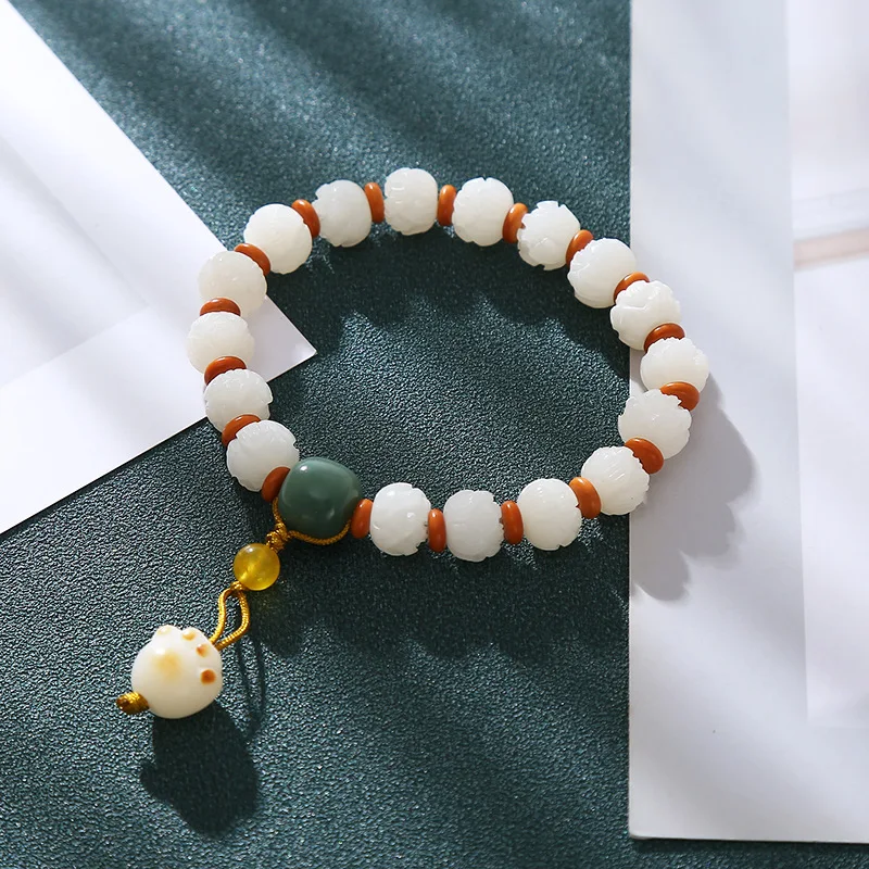 

New Chinese Style Elegant Cute White Jade Bodhi Bracelet National Fashion Retro Artistic Girlfriend Hand Rope Jewelry for Women