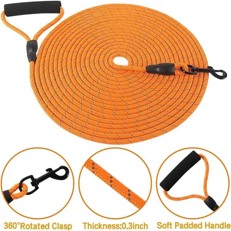 Long Dog Leash 15m Reflective Training Leash for Outside Yard Floating Line with Soft Handle for Camping Hiking Swimming Beach