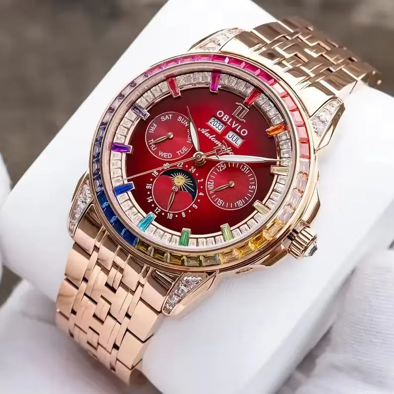 OBLVLO Men's Classic Mechanical Watch – Rose Gold Bracelet, Featuring Moon Phase, Date, and 24-Hour Display