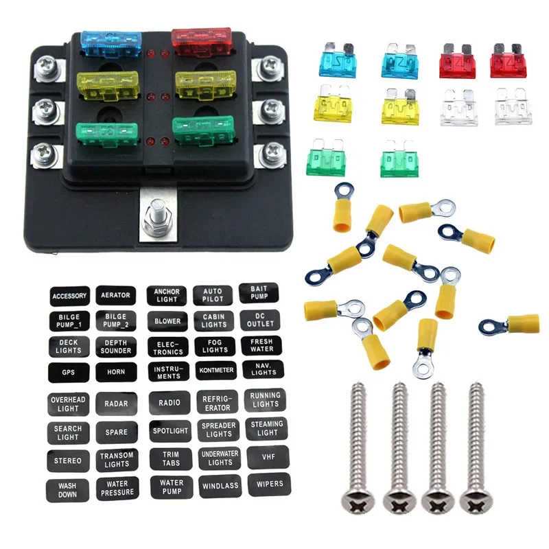 6 Circuit LED Fuse Block Fuse Box with screw terminal with accessories and kits for Car Boat Marine Trike