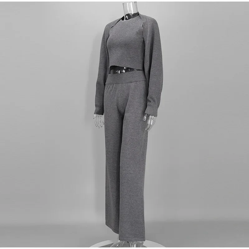 Damen Strick-3-Teiler-Set: O-Ausschnitt, ärmelloses Crop-Top, Langarm-Mantel, weit geschnittene Hose, Herbstmode, neue Strickwaren für Damen – Detail 9