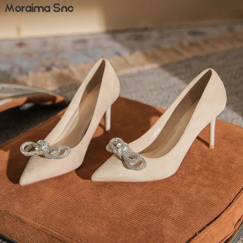 

Apricot Suede Rhinestone Bow High-Heeled Shoes New Commuter Temperament Professional Pointed-Toe Stiletto High-Heeled Pumps