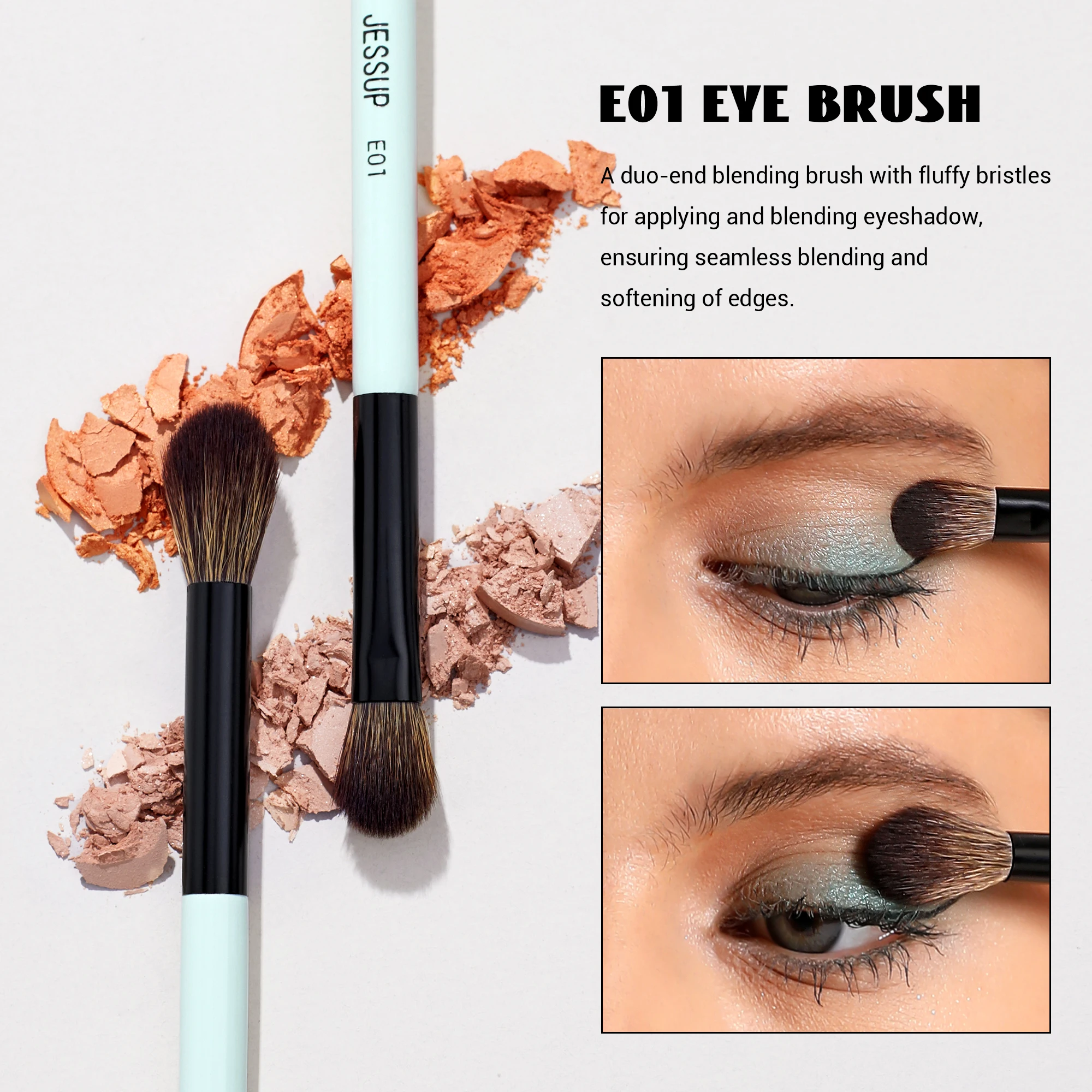 Jessup Makeup Brushes 2pcs,Double Sided Foundation Brush Contour Dual Ended Eye Blending Brush,Multi-functional,Bright Cyan T502