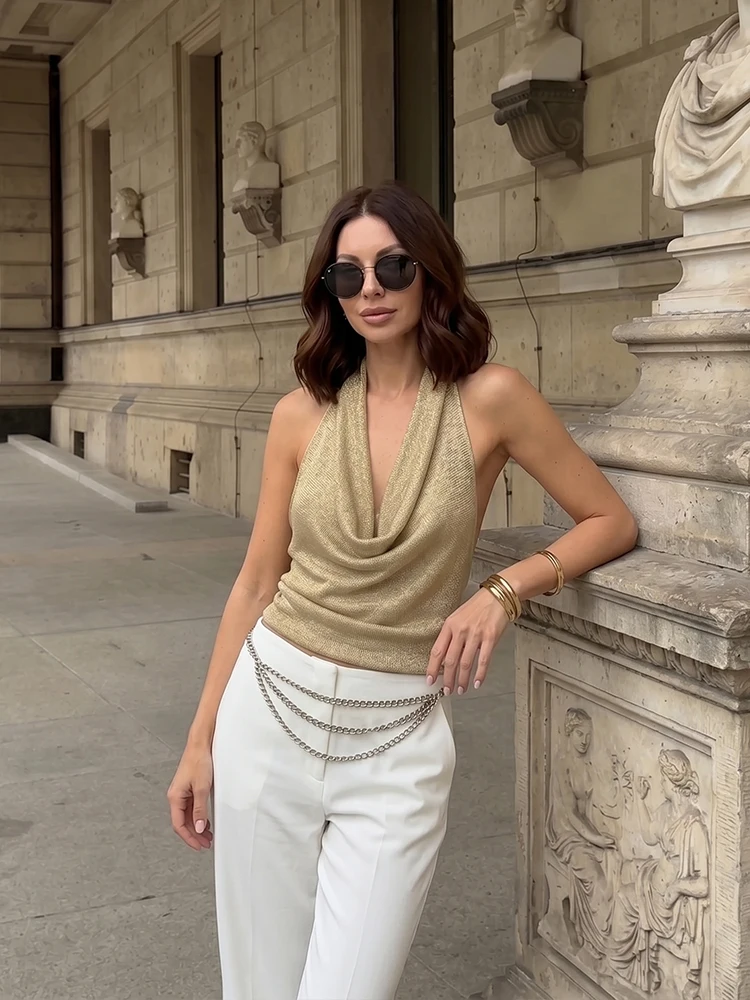 HH Women Summer Elegant Soft Gold Cowl Neck Halter Top Sleeveless Backless Draped Knit Tank For Brunch Party Gathering Wear