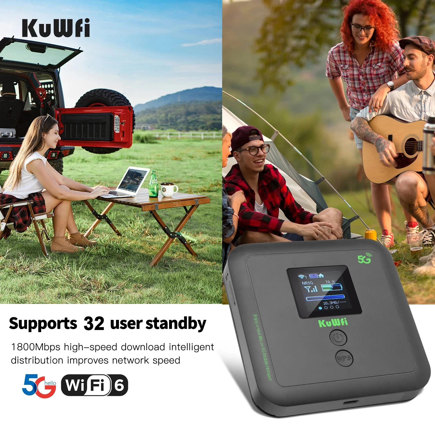 KuWfi 6000mAh 5G Mobile Wifi Router AX1800 Wireless Mini Outdoor Portable Pocket Wifi Hotspot With Sim Card Slot 32 Uers