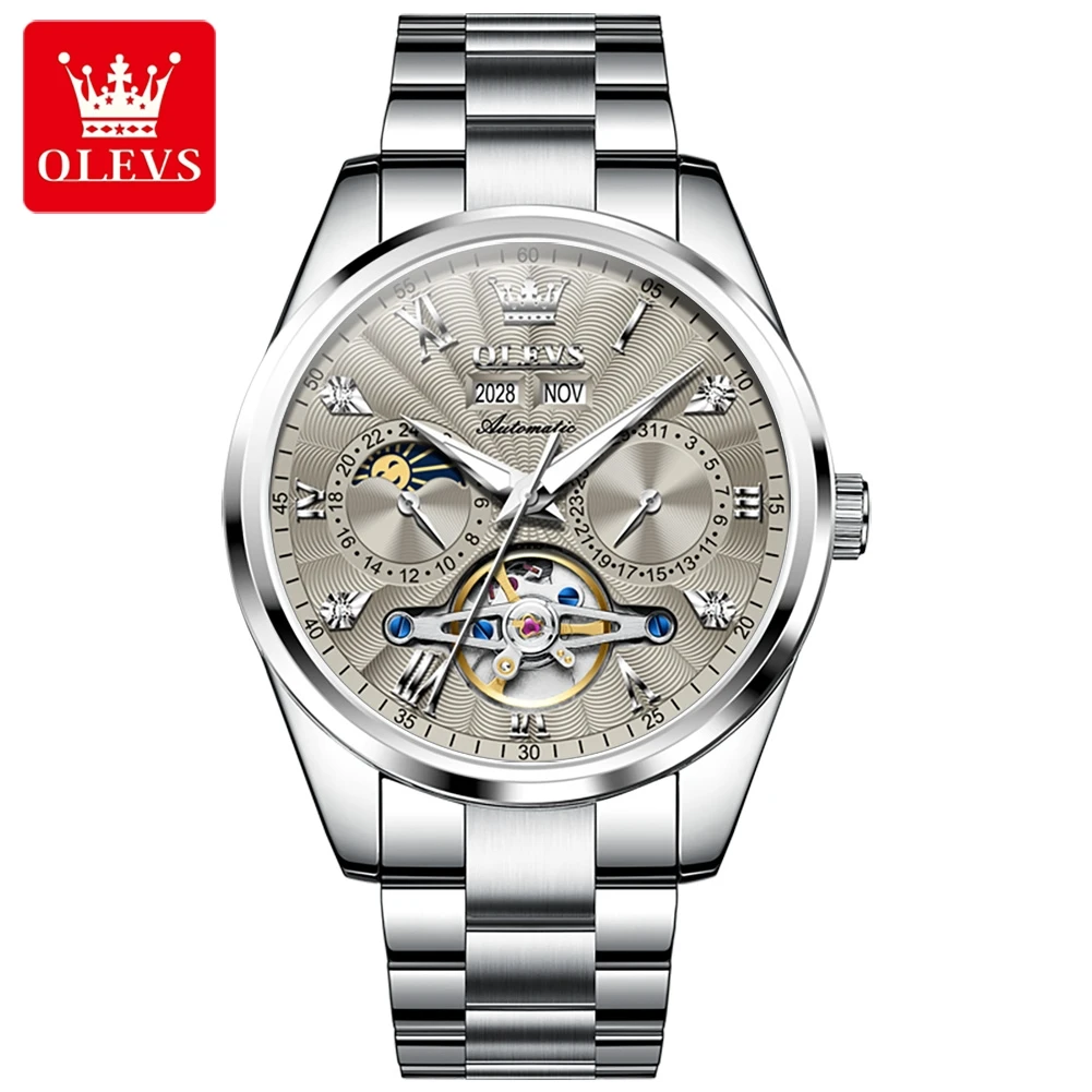 OLEVS Fashion Casual Silver Gray Tourbillon Watch Men Steel Automatic Mechanical Watch Reloj Hombre Business Luxury Watches