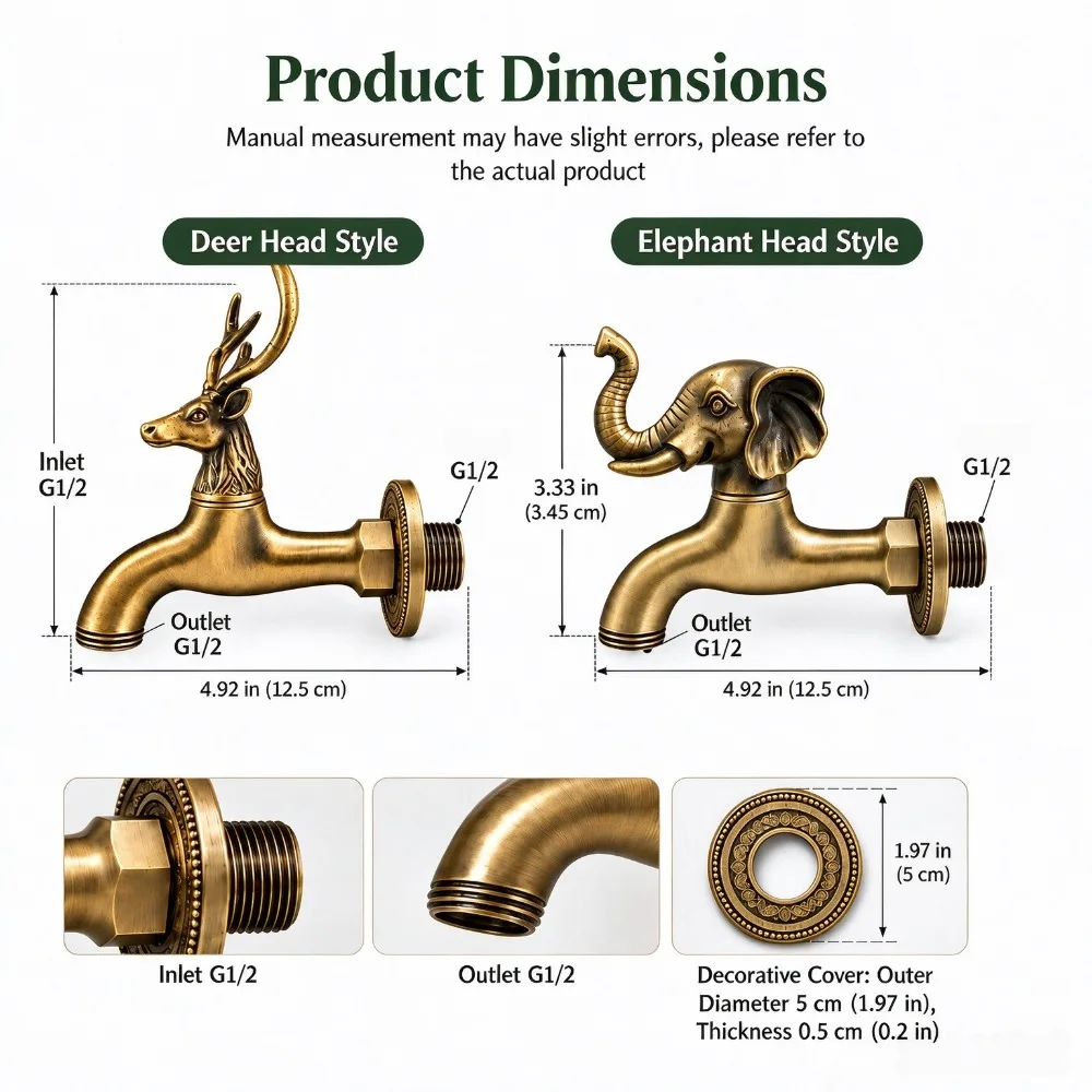 Antique Brass Elephant Head Water Tap Wall Mounted G1/2 Thread Vintage Decorative Faucet for Bathroom Balcony Garden Outdoor