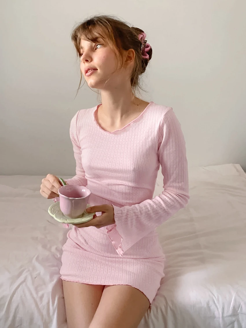 

Marthaqiqi Home Clothes Cotton Female O-Neck Sleepwear Long Sleeve Nightgowns Pink Mini Dress Casual Autumn Women'S Nightwear