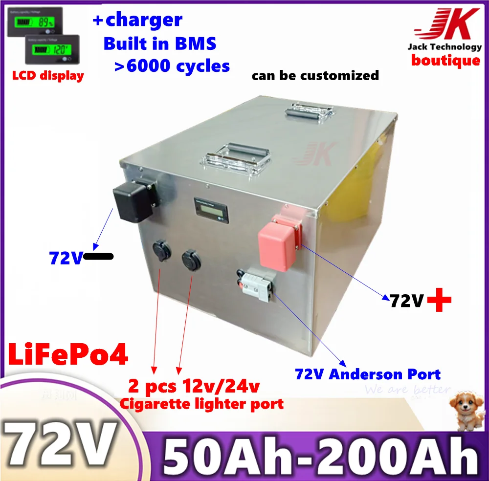 

JK 72V LiFePo4 50Ah 80Ah 100Ah 200Ah 120Ah 150Ah lithium battery deep cycle for tricycle scooter Motorcycle inverter+10A charger