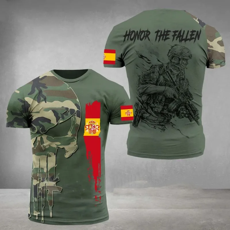 Fashion New Spanish Army Men's T-Shirt Veteran Soldier Flag Print Summer Short Sleeve Oversized O Neck Pullover Tops Clothing