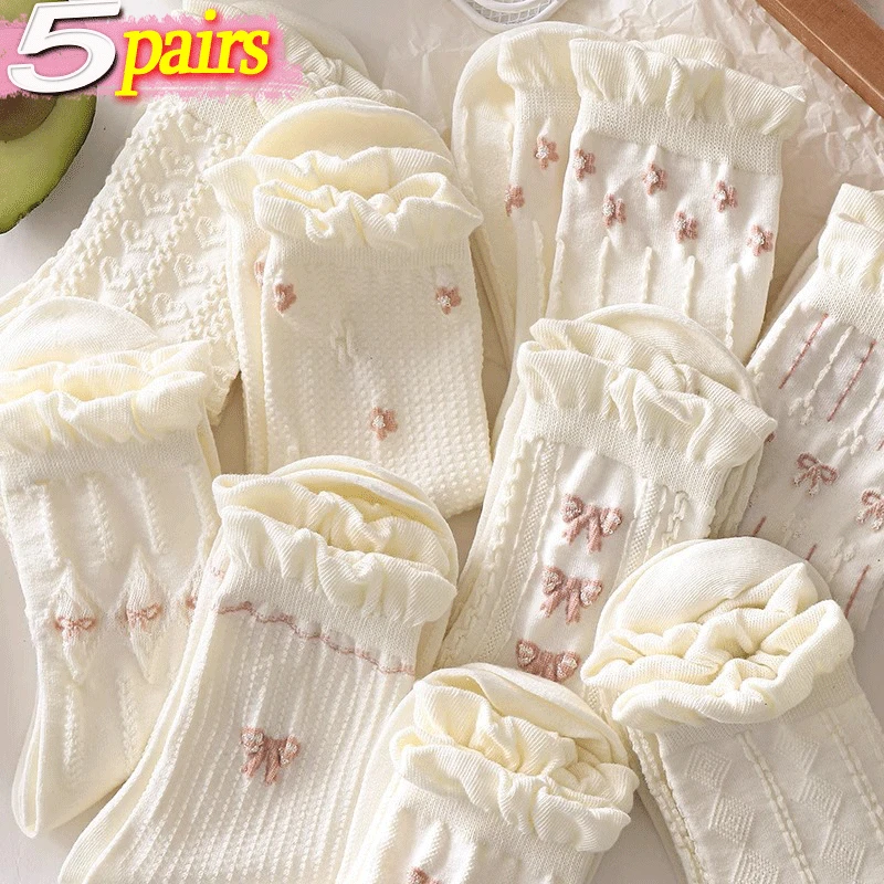 

Kawaii White Bow Lace Socks Women Girls Ballet Style Mid-tube Sock Princess Sox Harajuku Ruffled Streetwears Sweet JK Hosiery