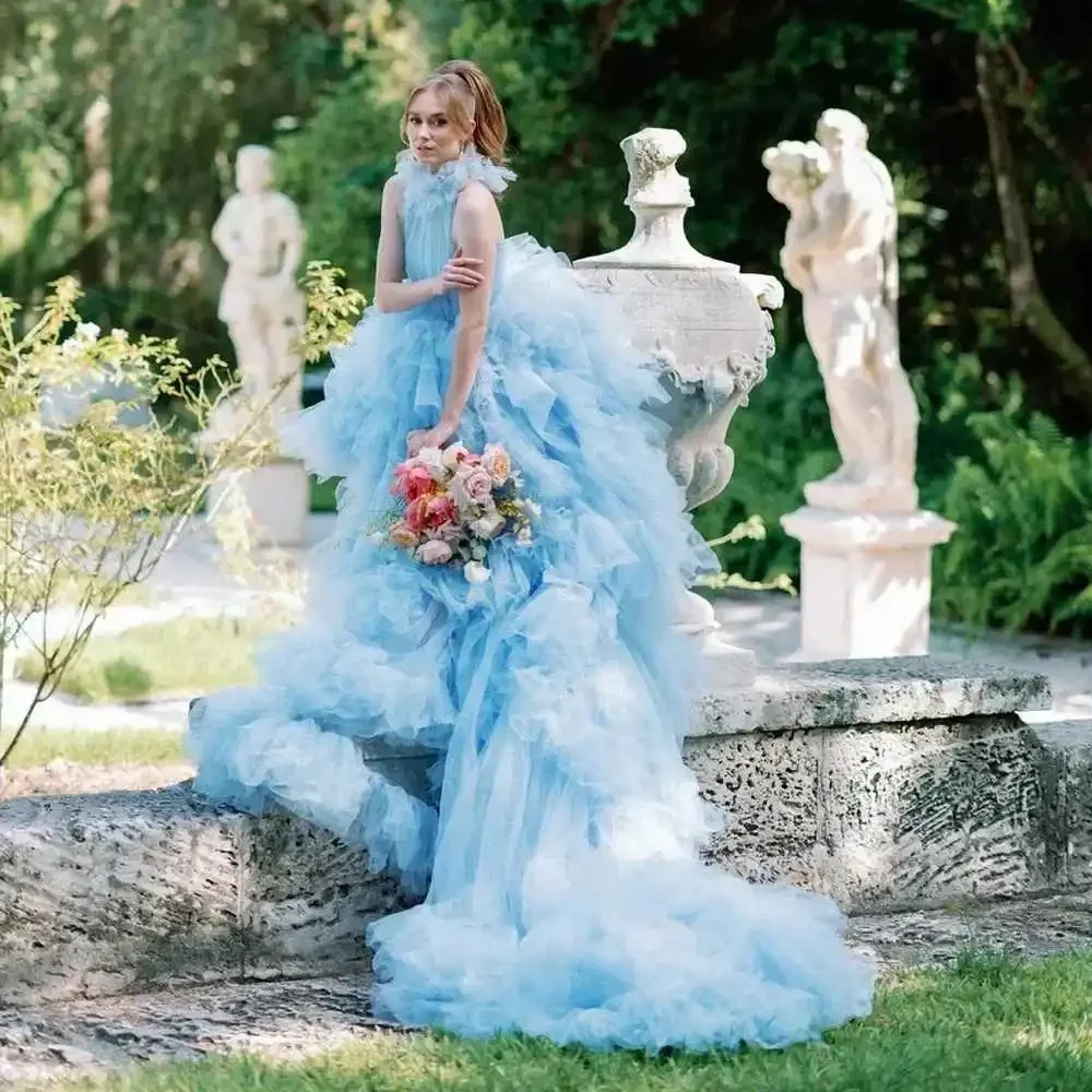 

Puffy Sky Blue A line Wedding Prom Gown Long Train Romantic Ruffled Bride Dress Photoshooting Party Dresses Tierred Lush