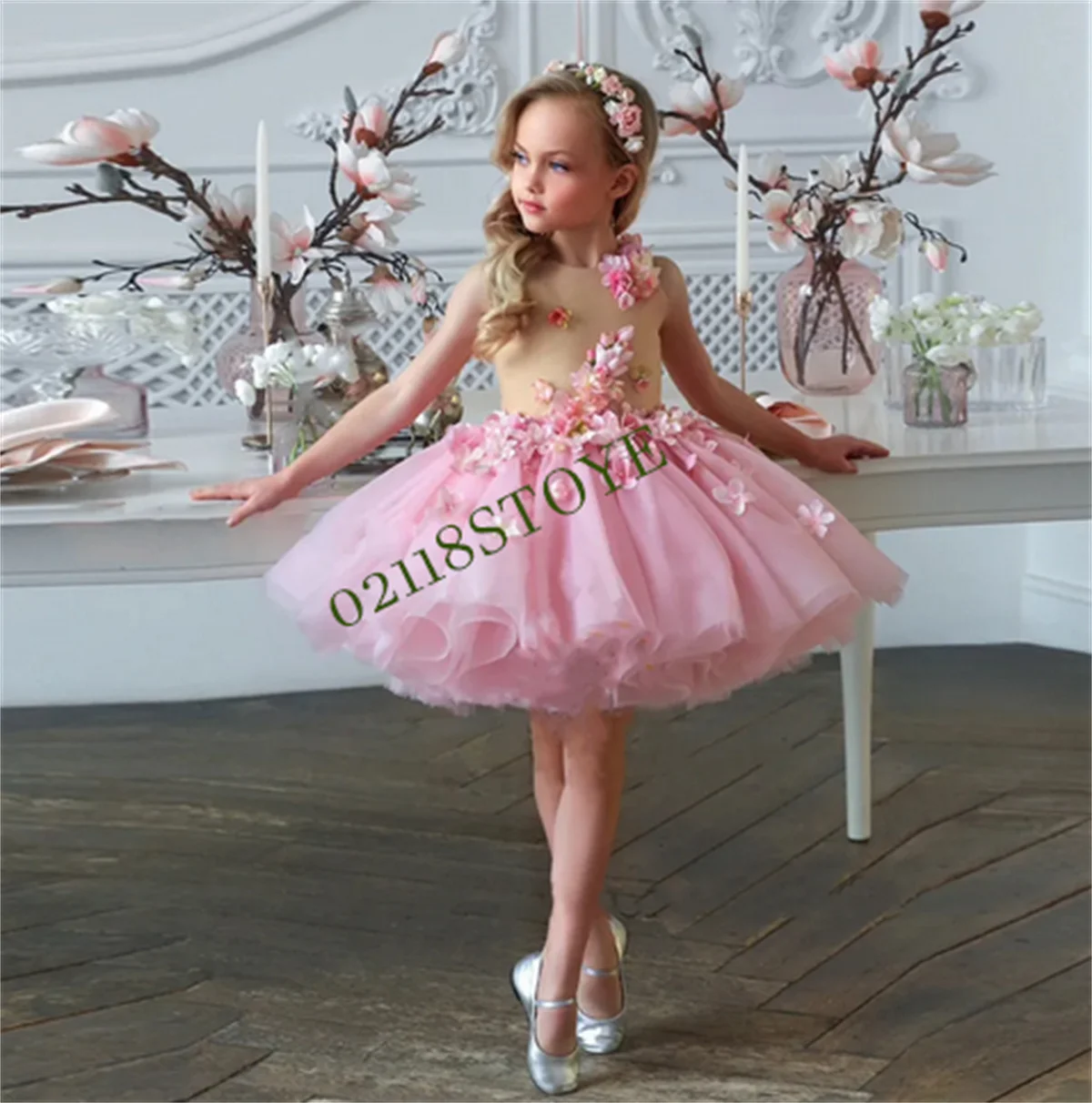 Cute Pink Girls Dress with 3D Flowers Tutu Tulle Dress Nude Top Party Gowns Birthday Dress