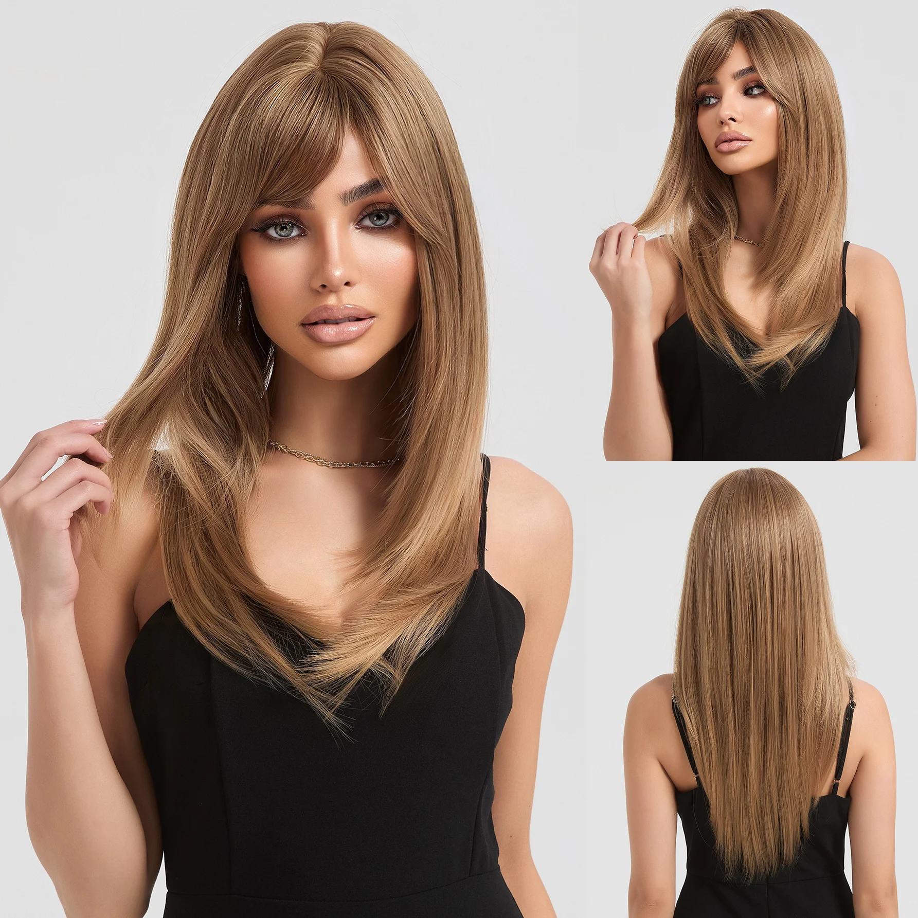 JOVIA Brownish brown high end medium length natural straight wig with fringe natural style synthetic fiber wig