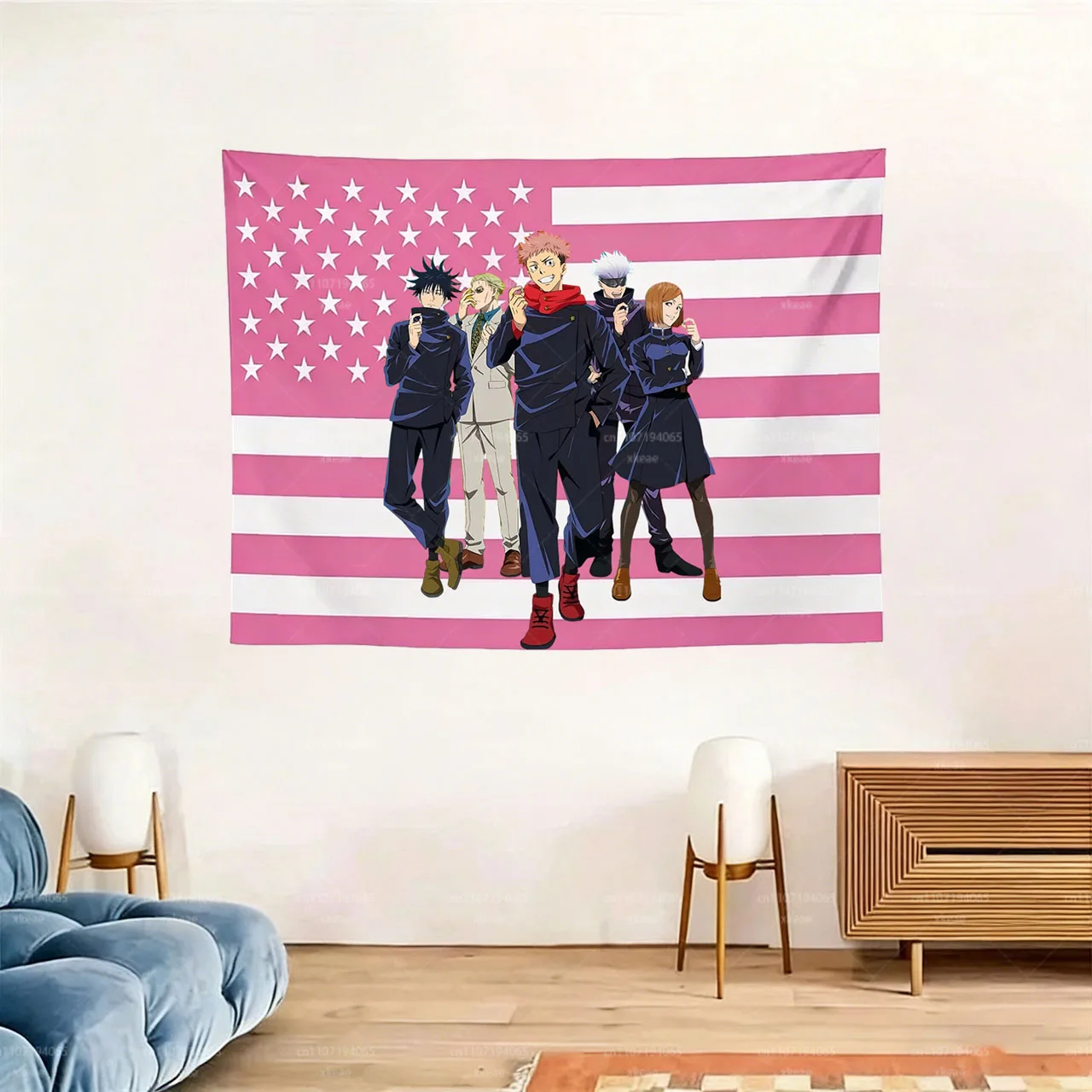 Jujutsu Kaisen Team Tapestry, Pink American Flag Anime Wall Hanging, Dorm & Bedroom Decor for JJK Fans, Unique Flat Print Wall
