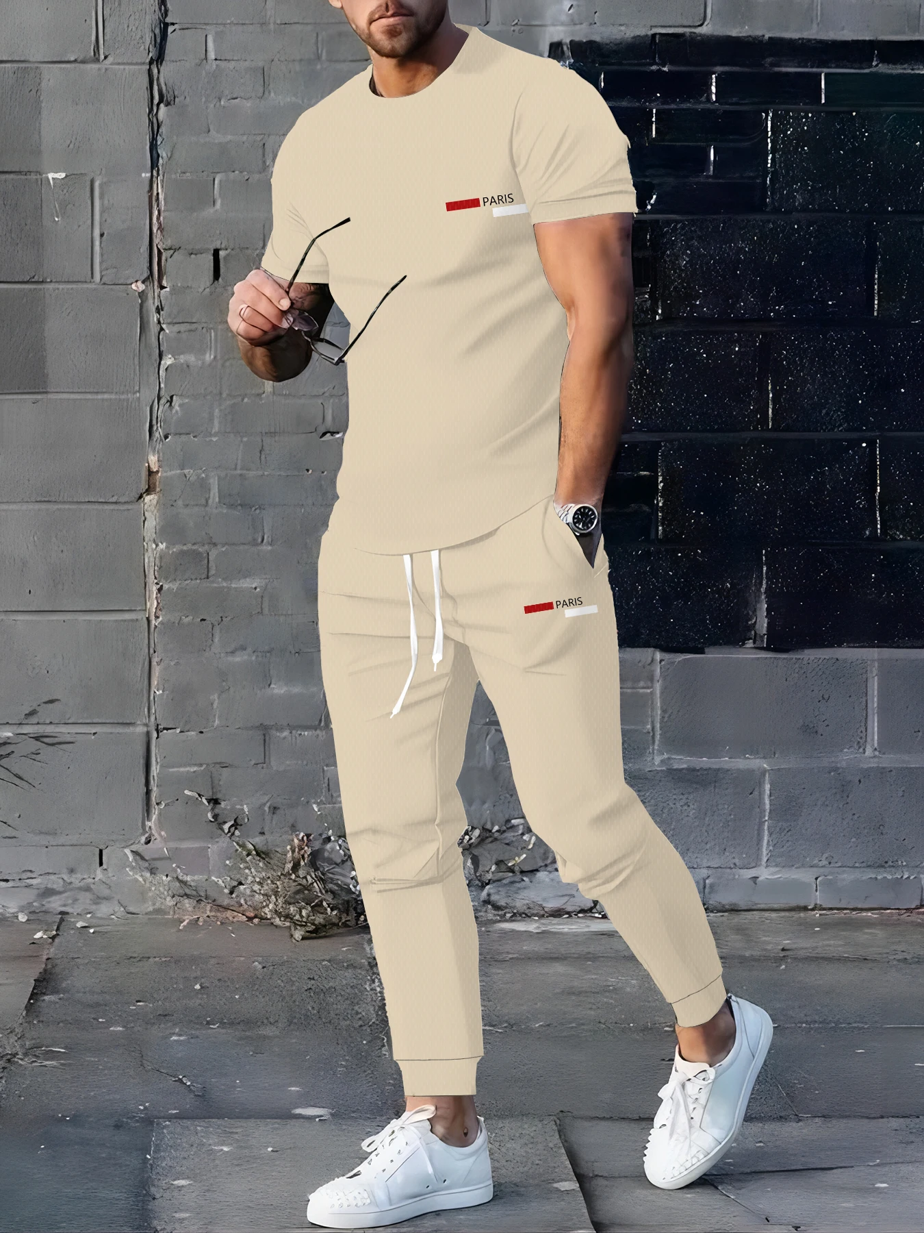 夏の新作メンズレタープリント快適通気性ラウンドネックTシャツマイクロ弾性パンツセットアウトドアカジュアルウェア